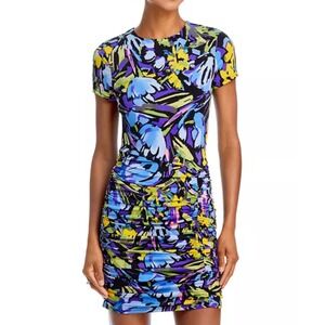 Aqua Floral Print Ruched Bodycon Mini Dress Short Sleeve XS